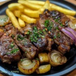 Stek Ribeye z karmelizowaną cebulą i frytkami