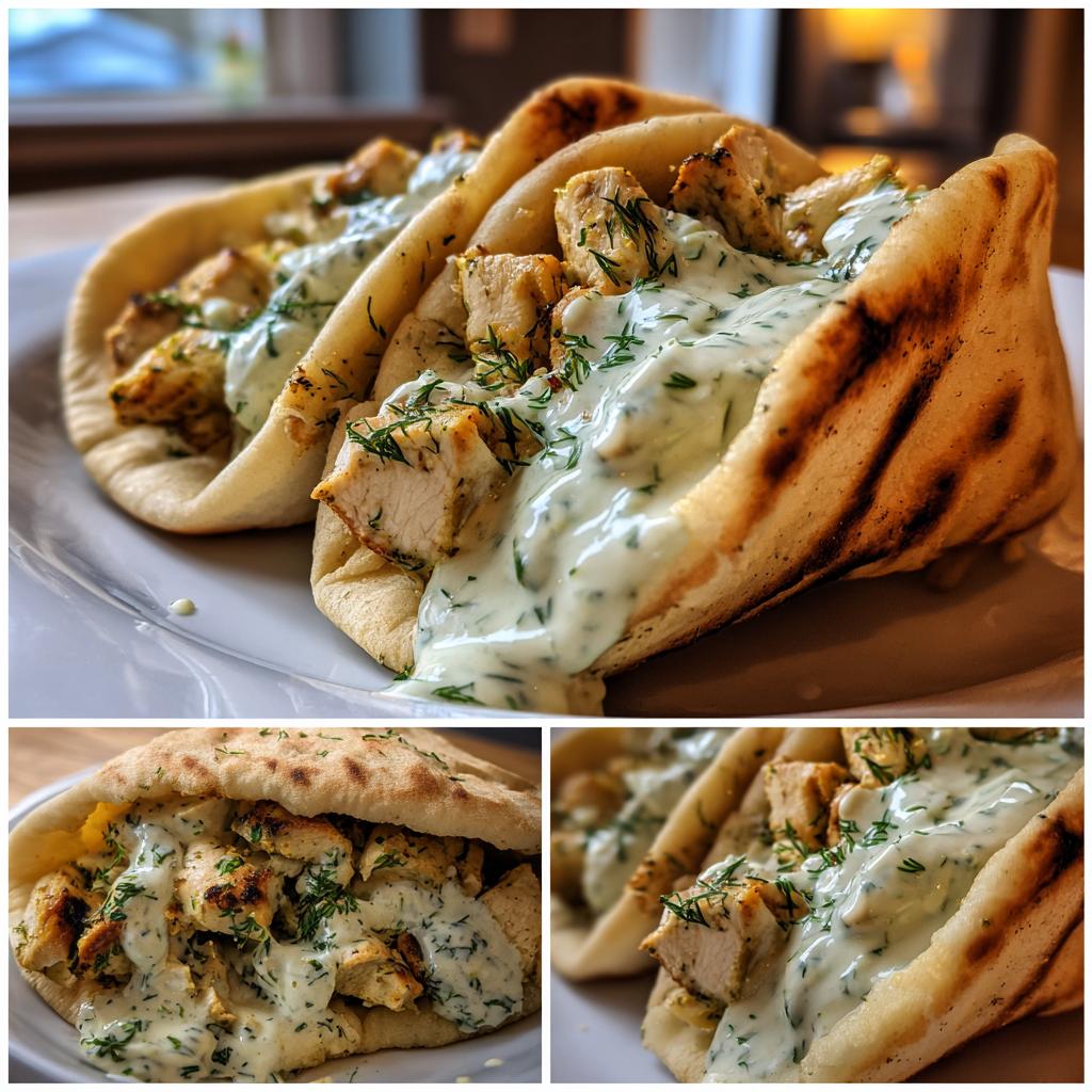 Garlic Chicken Pitas with Dill Yogurt Sauce