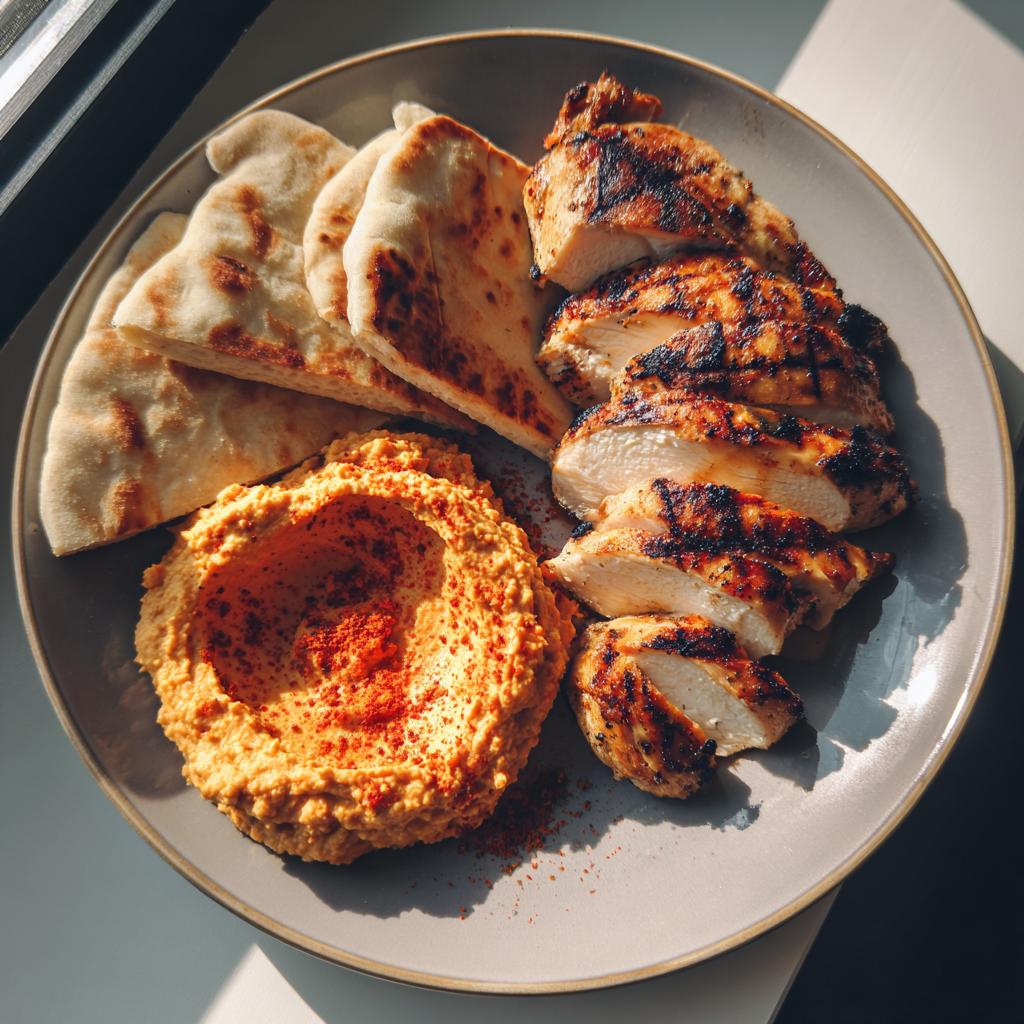 Grilled Chicken with Roasted Red Pepper Hummus and Pita