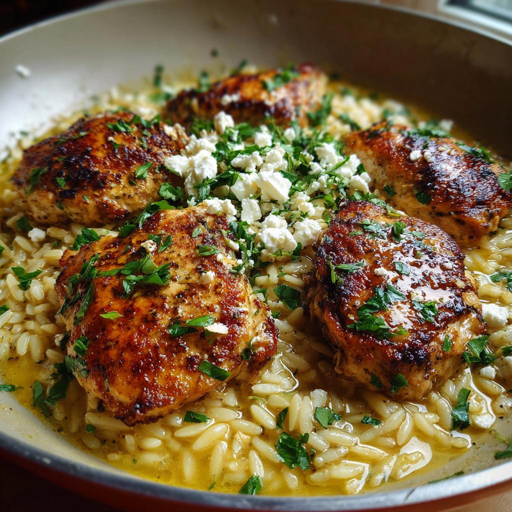 Kurczak z patelni z cytrynowym masłem, musztardą Dijon i orzo w sosie feta